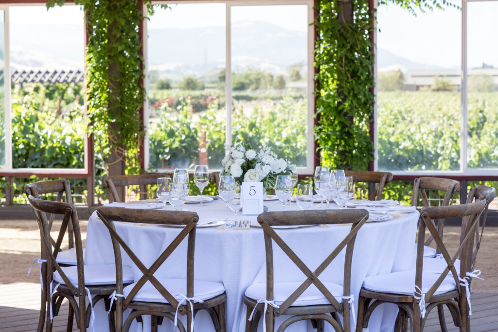 Wedding Guest tables styled beautifully and overlooking the vineyard
