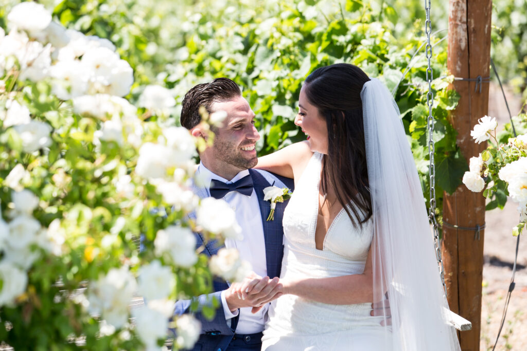 Couples portrait and first look in the rose garden