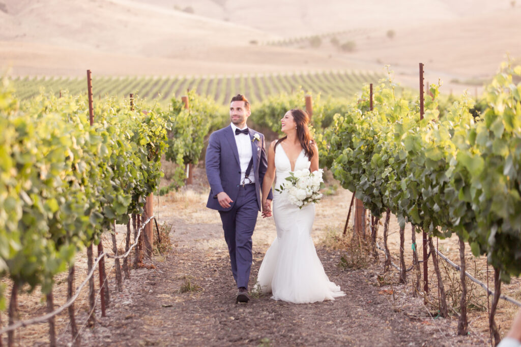casual bride and groom sunset portrait in Napa Wine Country vineyard